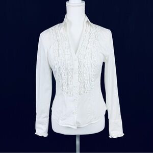 Gemilli Women S Button Up Blouse White Ruffled V Neck Fitted Stretch Cottagecore